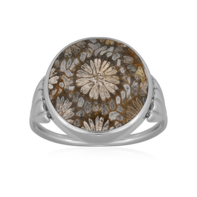 Bague en argent et Corail fossilisé (Bali Barong)